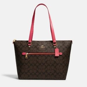 Coach Brown Pink Gallery Tote Signature Leather Shoulder Bag Large Purse $350